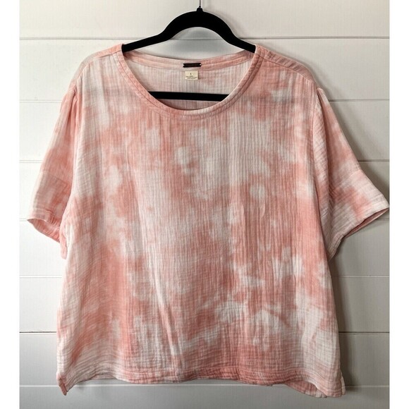 Magaschoni Womens Large Top Organic Cotton Short Sleeve Tie Dye Pink Lagenlook - Picture 1 of 8